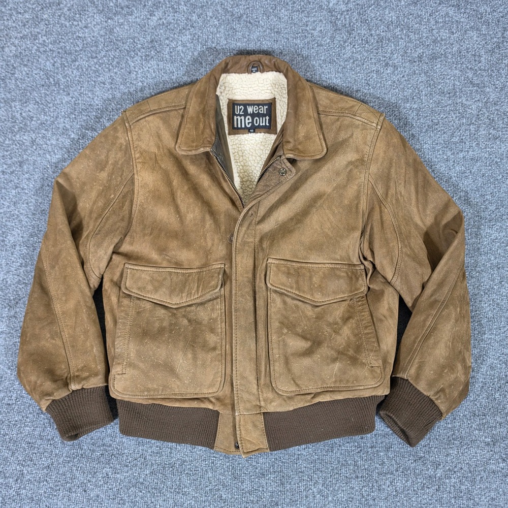 Y2K U2 Wear Me Out Mens Brown Leather Bomber Jacket Faux Shearling Lined Size 40